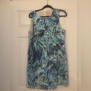 Lilly Pulitzer Mila Shift Dress in a blue and white "Crash the Bash" print sz 12